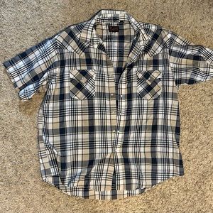 Plains Western Wear Short Sleeve Button Up Shirt XL Pearl Snaps Navy Tan